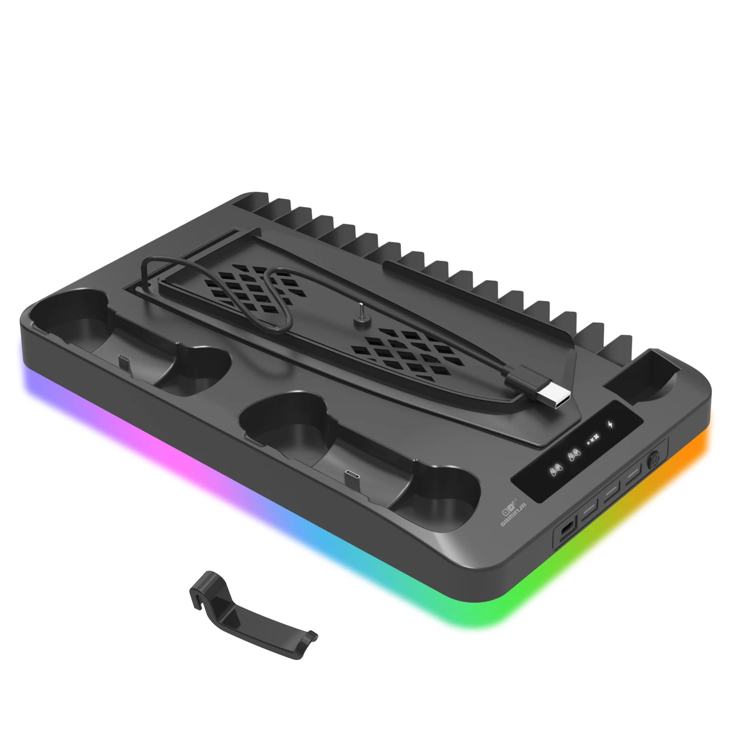 GAMINJA P58 RGB Cooling Stand For PS5 Slim Console Gamepad Charging Base Headset Hook Game CD Storage Rack For PS5 Disc&Digital