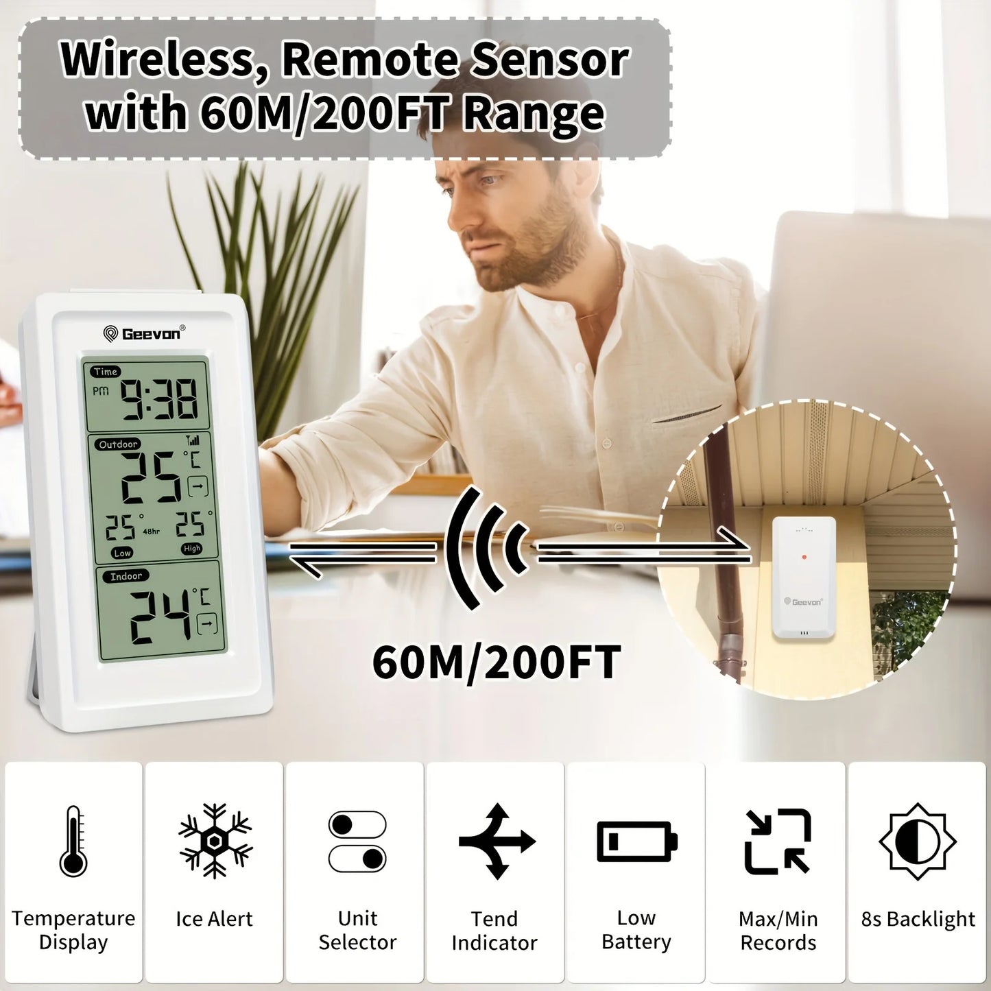 GEEVON Indoor Outdoor Temperature Meter Wireless Digital Temperature Meter Measurement Temperature Monitor Room Temperature Mete