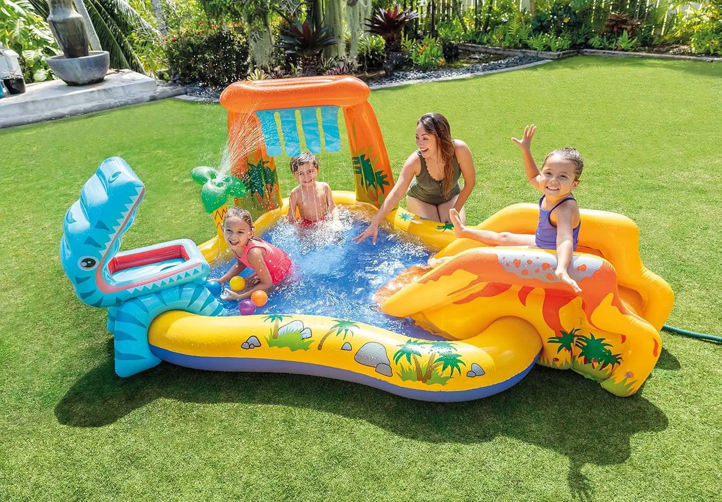 Inflatable Dinosaur Play Center with Pool Slide, Water Sprayer, and Balls for Outdoor Fun