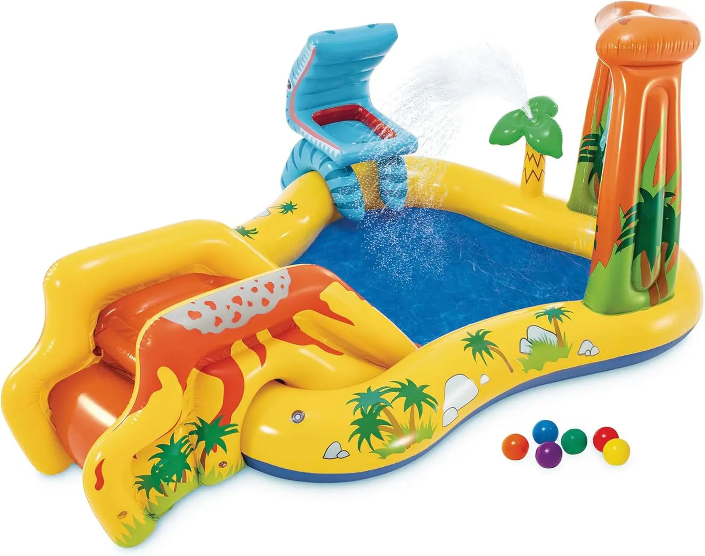 Inflatable Dinosaur Play Center with Pool Slide, Water Sprayer, and Balls for Outdoor Fun