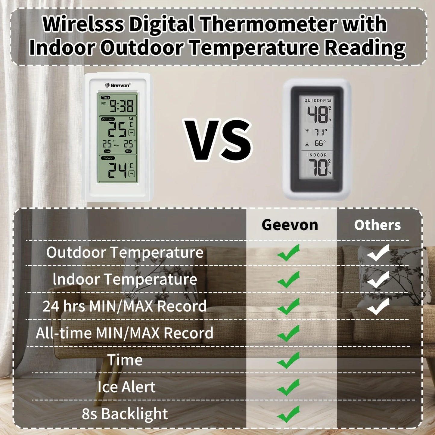 GEEVON Indoor Outdoor Temperature Meter Wireless Digital Temperature Meter Measurement Temperature Monitor Room Temperature Mete