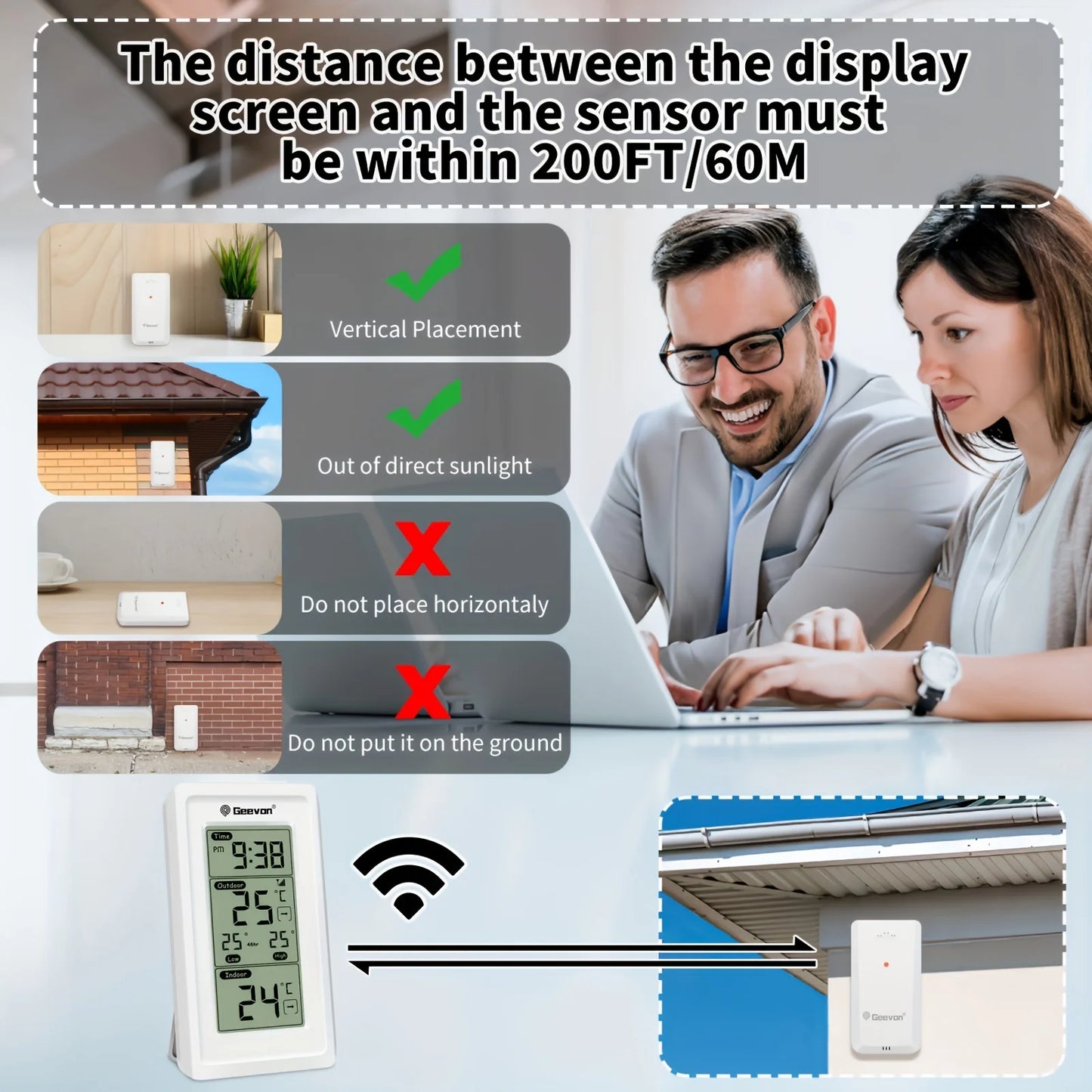 GEEVON Indoor Outdoor Temperature Meter Wireless Digital Temperature Meter Measurement Temperature Monitor Room Temperature Mete