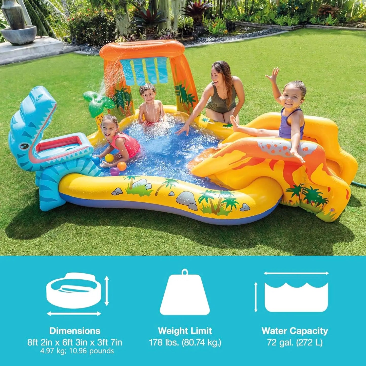 Inflatable Dinosaur Play Center with Pool Slide, Water Sprayer, and Balls for Outdoor Fun