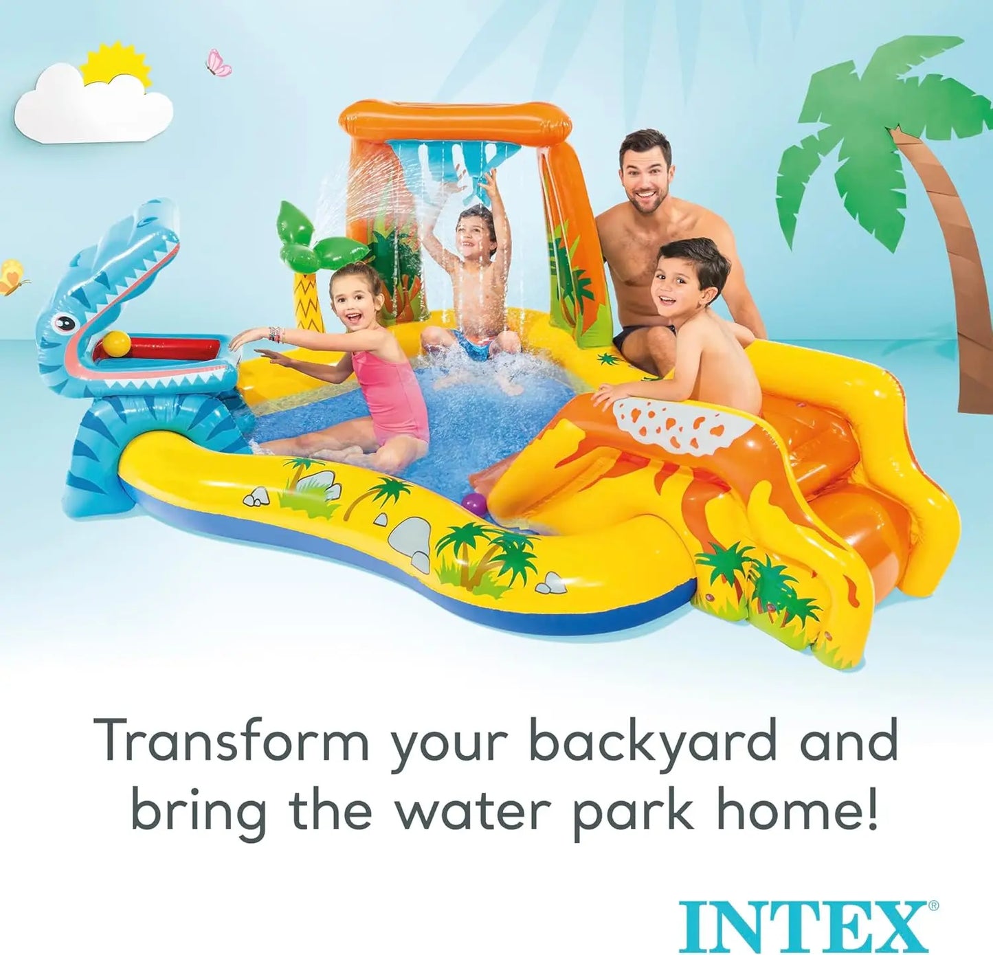 Inflatable Dinosaur Play Center with Pool Slide, Water Sprayer, and Balls for Outdoor Fun